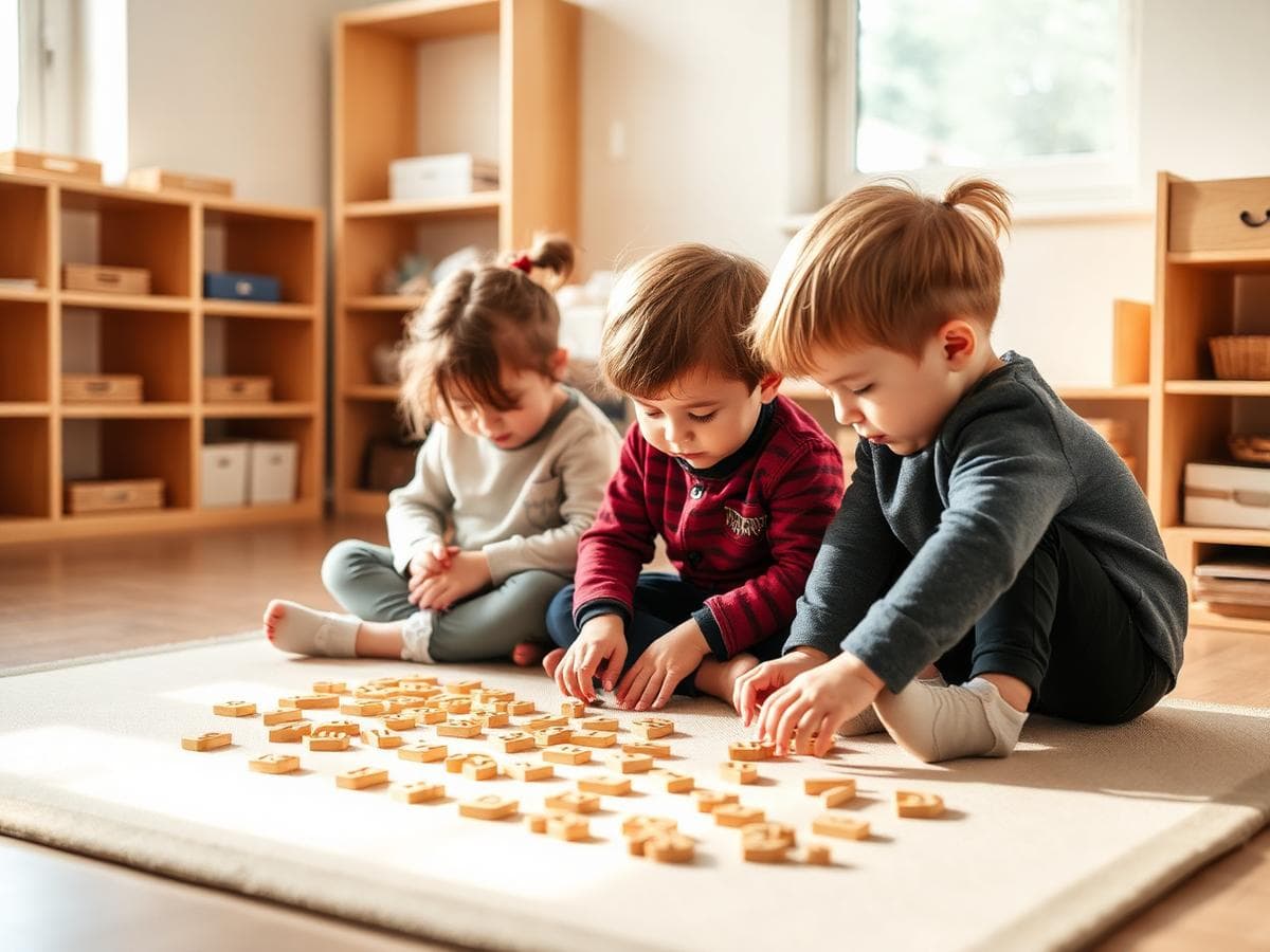 Preschool children working with a wooden moveable alphabet on a mat in a sunlit Montessori classroom