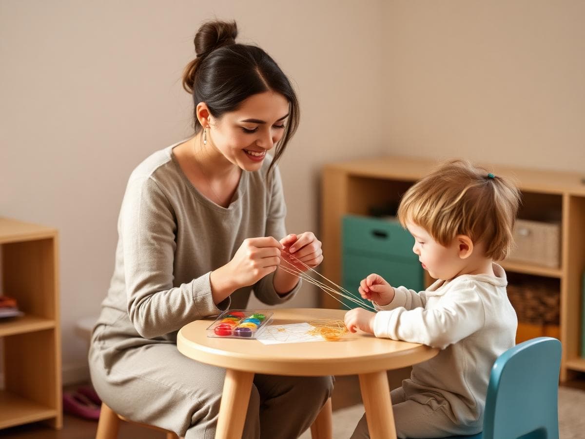 An educator supporting a young child one-on-one with a fine motor threading activity in a quiet corner